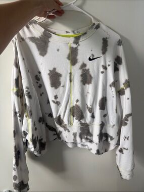 Nike White & Charcoal Tie-Dye Cropped Sweatshirt with Neon Stitching